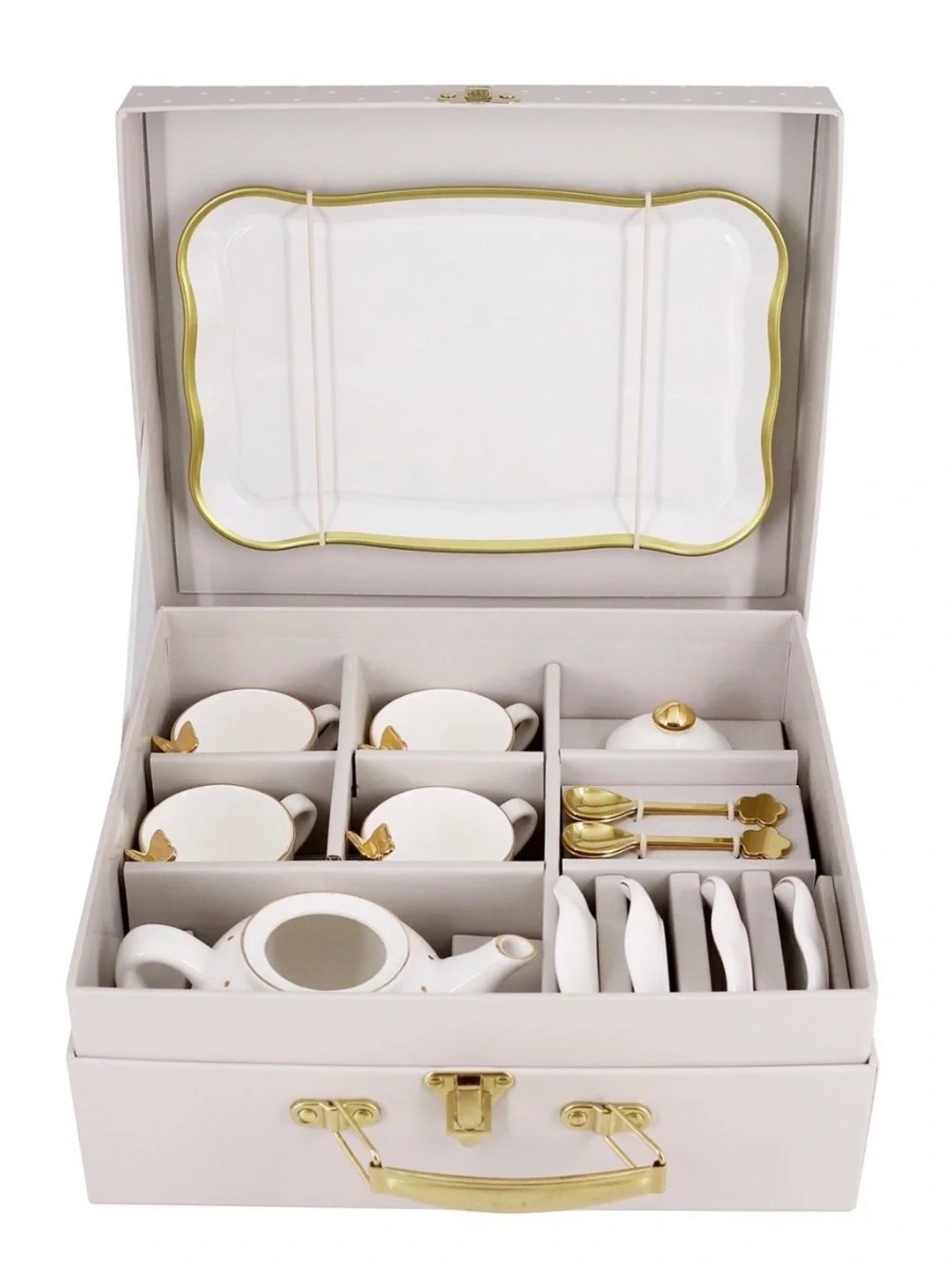 NIB! Elegant White and Gold Polka Dot Porcelain Tea Set - 4 Cup Service